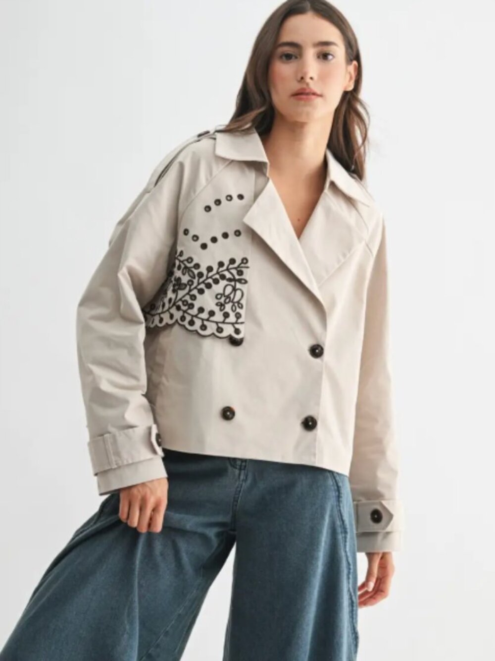 Embroidered Eyelet Short Trench Jacket